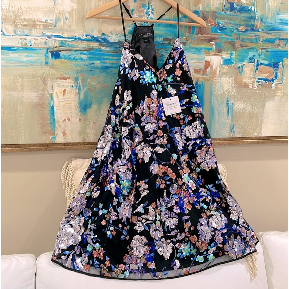 NWT sequined black blues silver Shelli Segal LAUNDRY shift embellished size 2